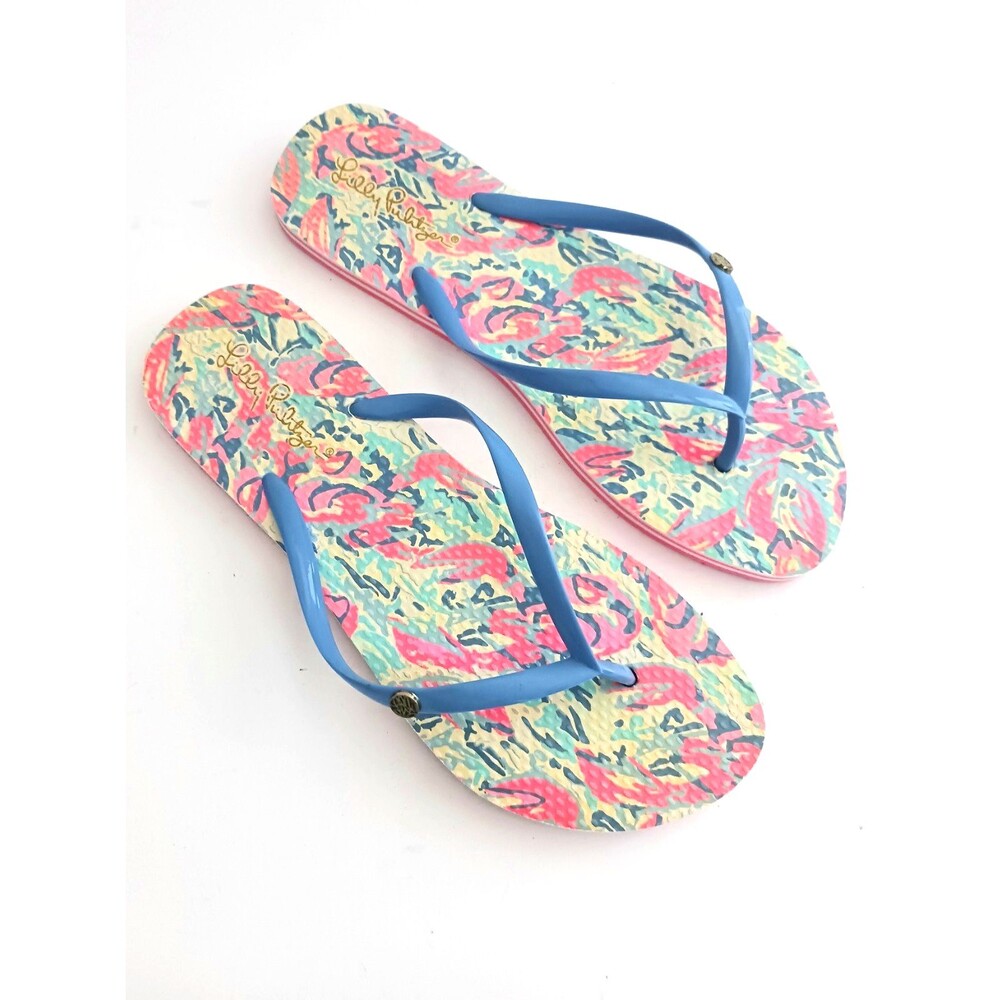 Lilly Pulitzer Flip Flops Blue Pink Print Insole Gold Logo US 9/10